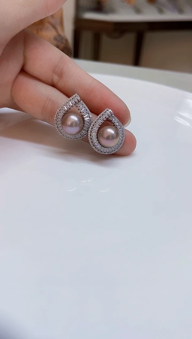 银S925镶嵌耳饰淡水珍珠10mm