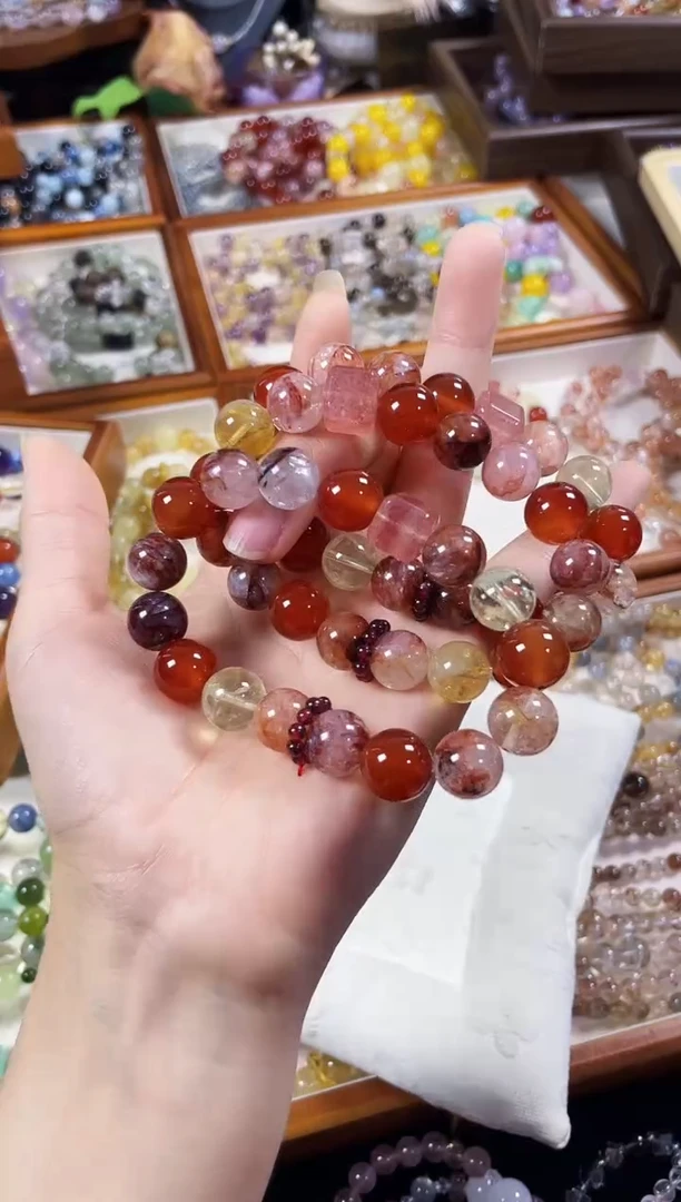 未镶嵌手串水晶鸿运当头】天然红胶花红玛瑙黄阿赛手串