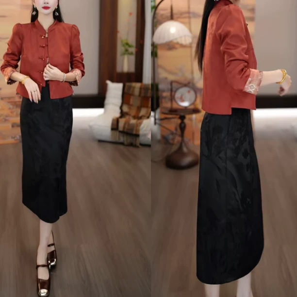 胜琳25秋季新中式国风红枫色复古盘扣上衣搭配黑色半裙套装两件套