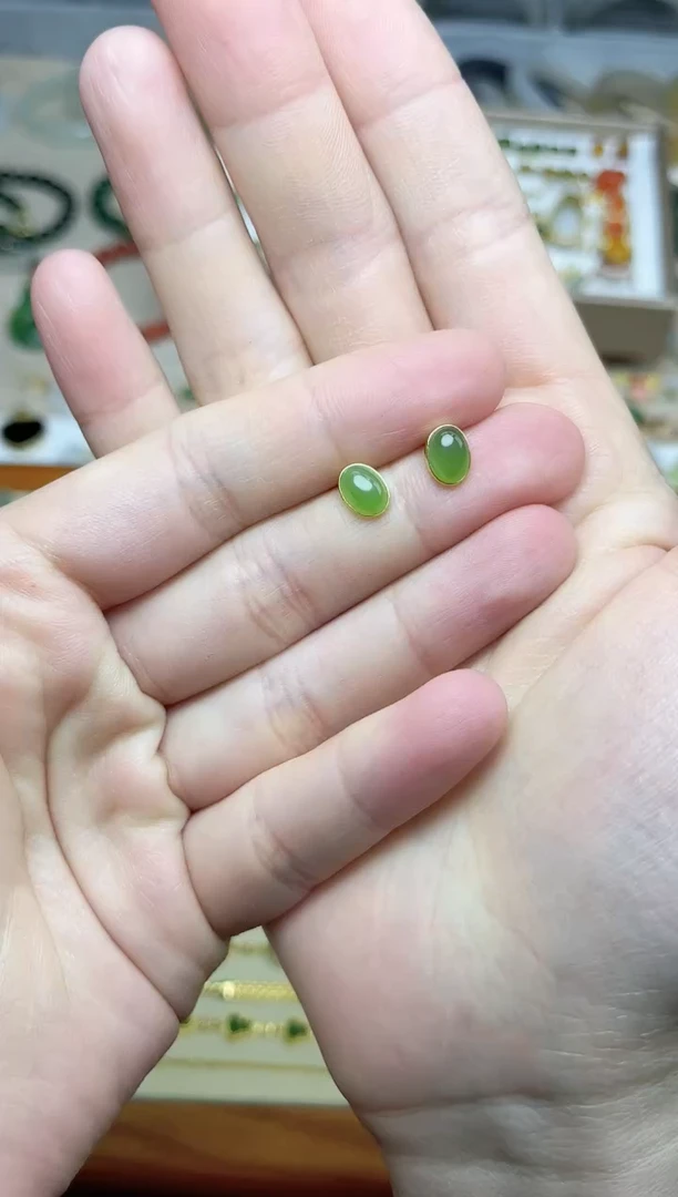 和田玉银S925镶嵌耳饰06碧玉耳钉
