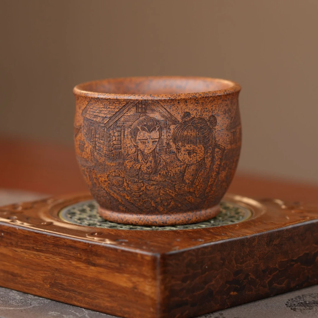 宜兴原矿茶具 柴烧龙骨金砂手工刻绘江南房屋哪吒敖丙紫砂主人杯