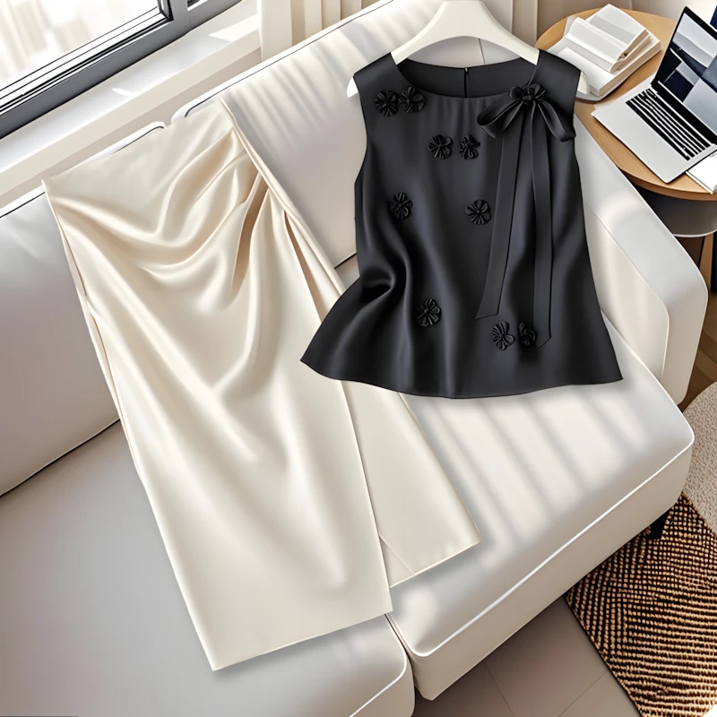 法式气质飘带无袖上衣女夏季新款高级感温婉大方杏色半身裙两件套