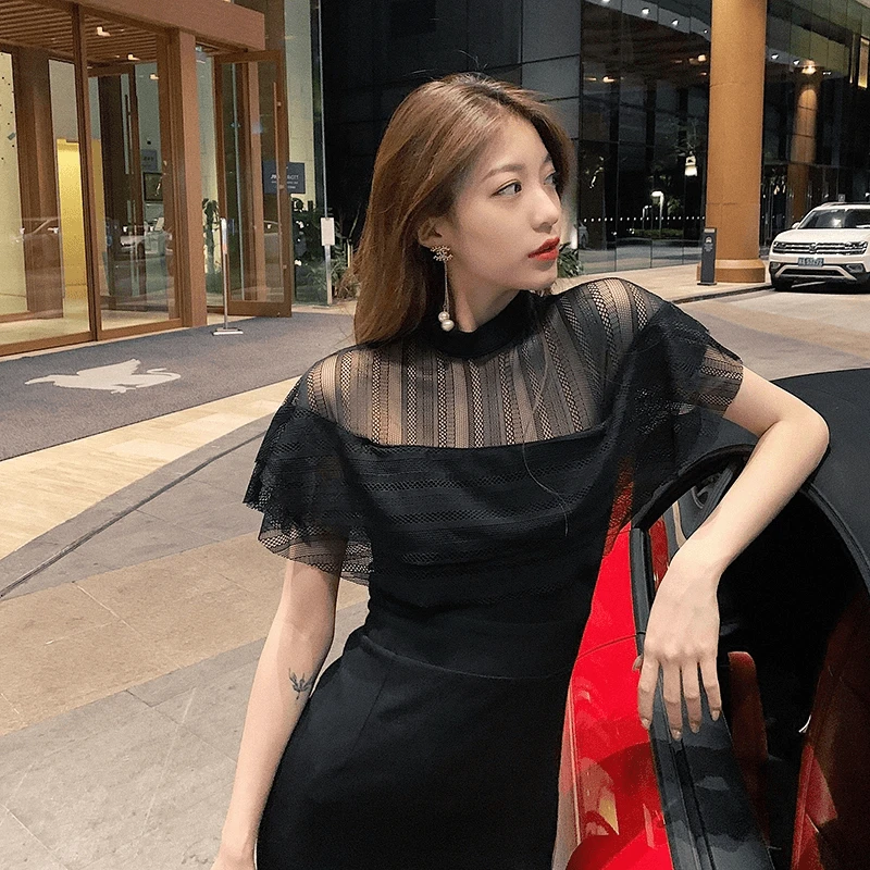 蕾丝黑色连衣裙女夏装女2025新款中长款显瘦包臀气质赫本小黑裙