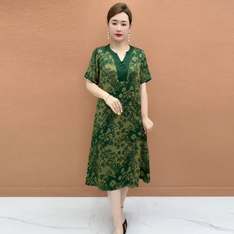 2563中老年妈妈时尚连衣裙夏季短袖国风气质轻奢减龄洋气过膝长裙