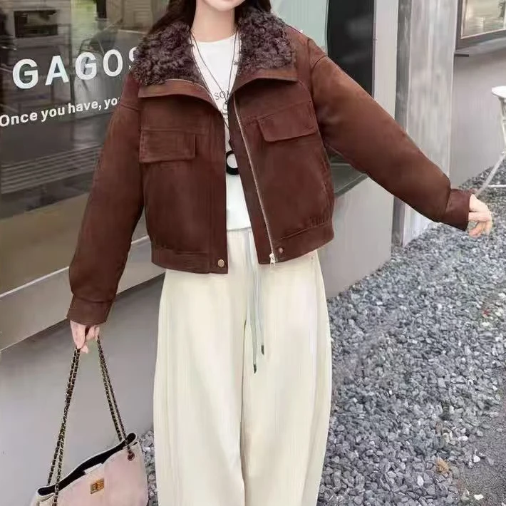 【静姐家】6856美式复古大翻领机车服女宽松保暖加厚夹克上衣外套