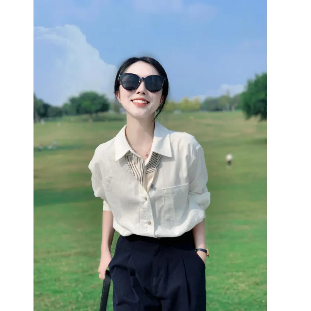 【白栀花】秋冬品质白色休闲衬衫设计上衣黑色西装阔腿裤套装带丝巾