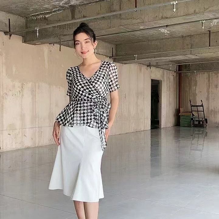 231758 SEHRAN 时尚T恤显瘦气质高腰休闲百搭夏季千鸟格