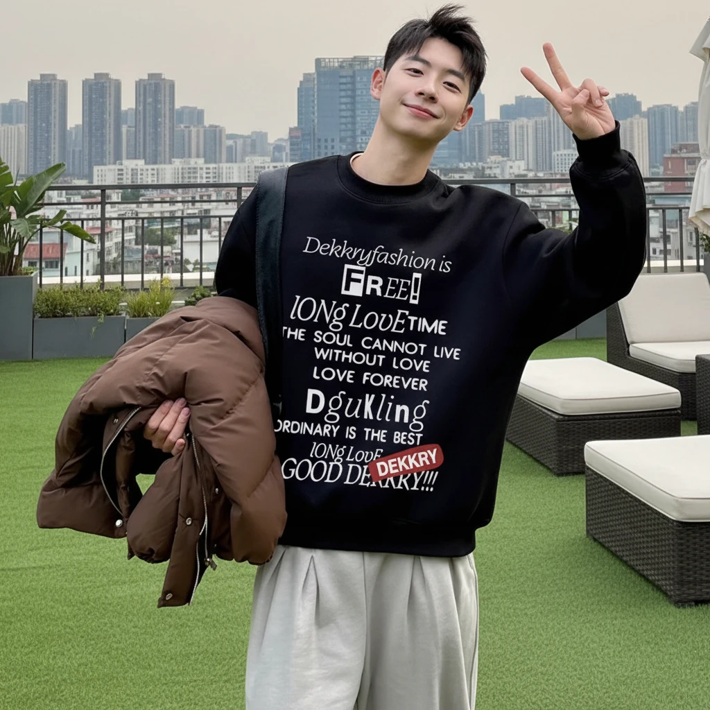 美式设计创意字母印花圆领卫衣男秋冬季百搭休闲潮牌宽松套头上衣