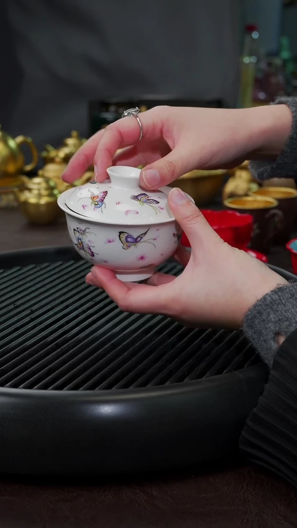 【闪购商品】杯【宜景窑蝶舞】白色盖碗