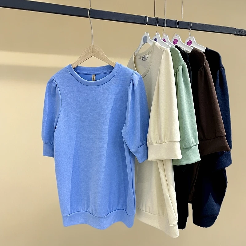 A177泡泡袖圆领莫代尔休闲百搭体恤圆领宽松