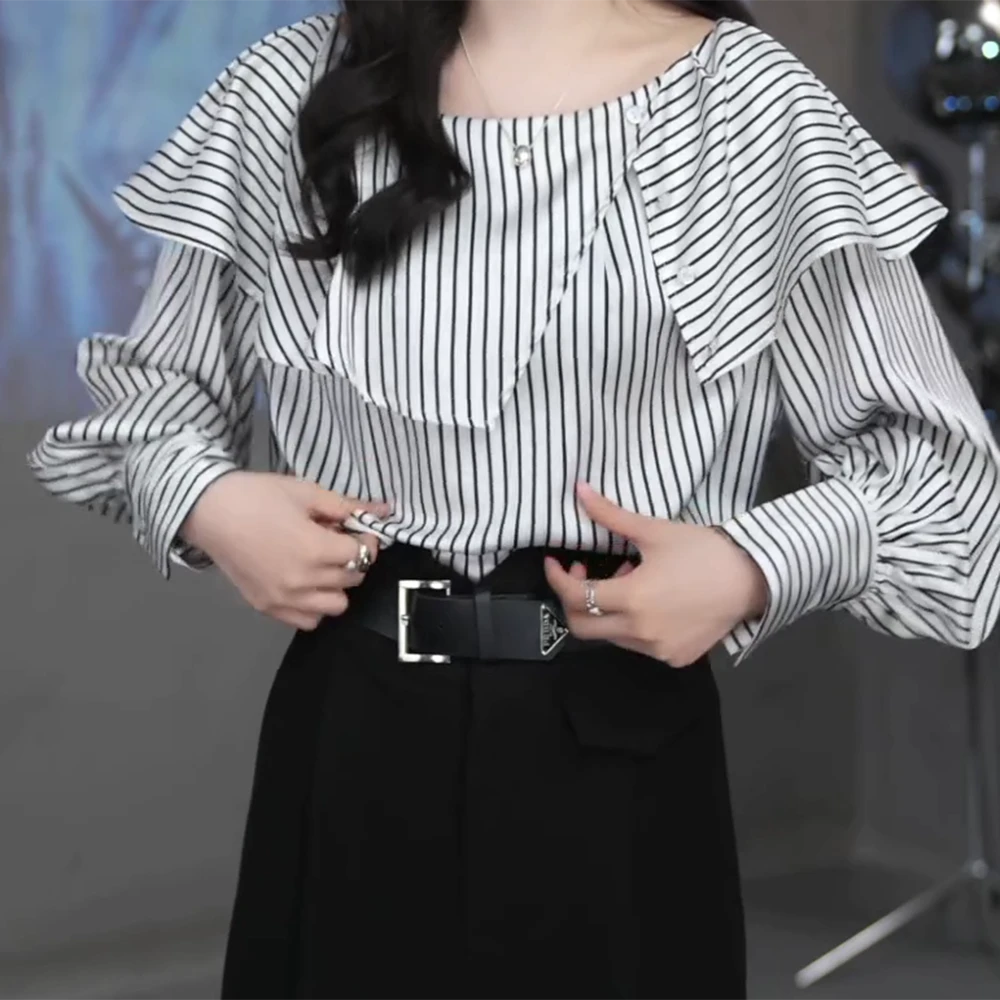 【轻歌曼舞】条纹露肩时尚百搭春季新款一字肩气质洋气长袖衬衫女