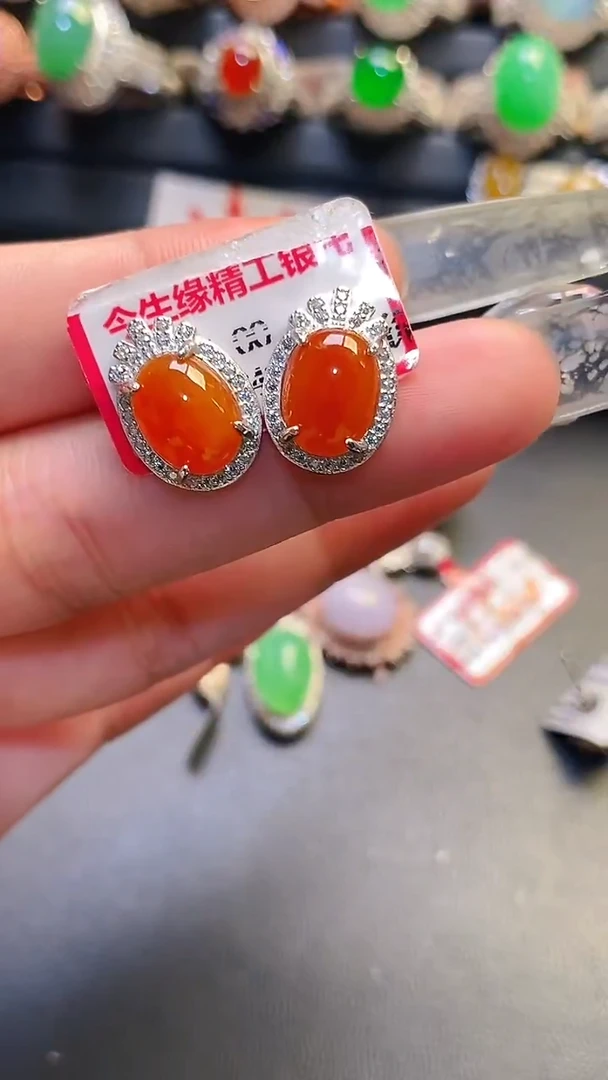银S925镶嵌翡翠耳饰天然