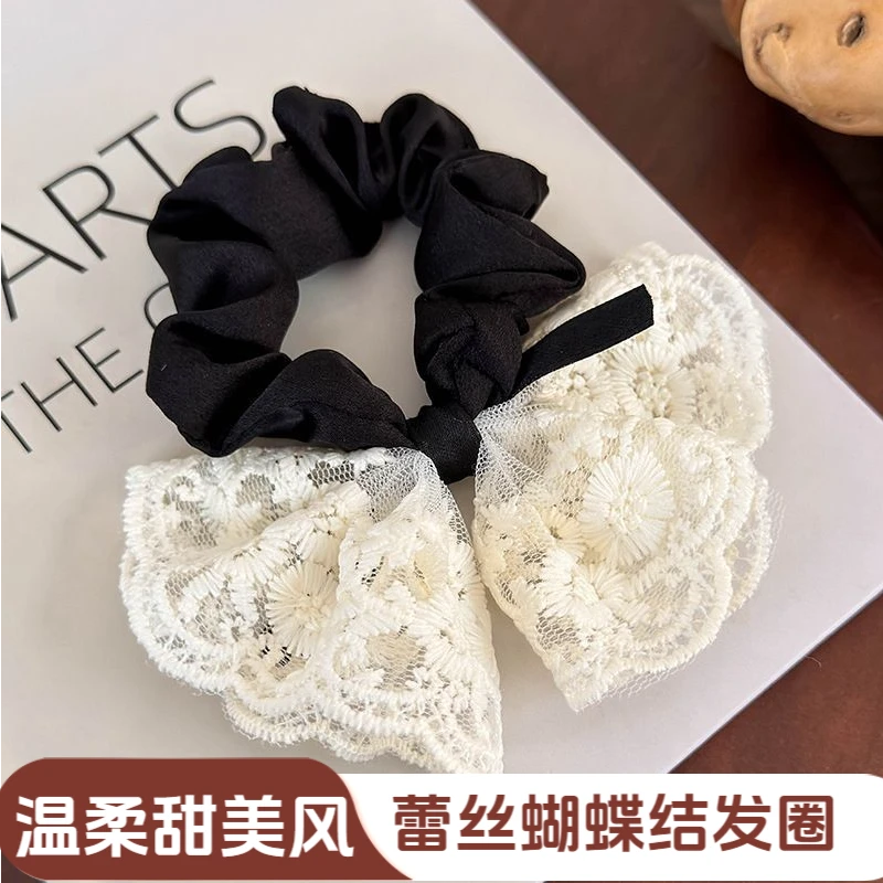 甜美发圈蝴蝶结头绳蕾丝双层马尾圈温柔韩版皮筋时尚刺绣复古发绳