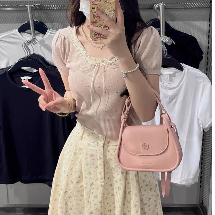 【洋气376】春秋短袖法式显瘦粉色小上衣小众