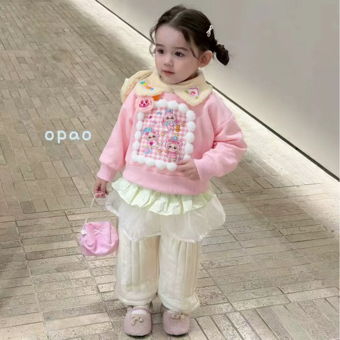 冬季套头可爱女宝儿粉卫衣加绒加厚款甜美可爱女儿款上衣拉布长袖