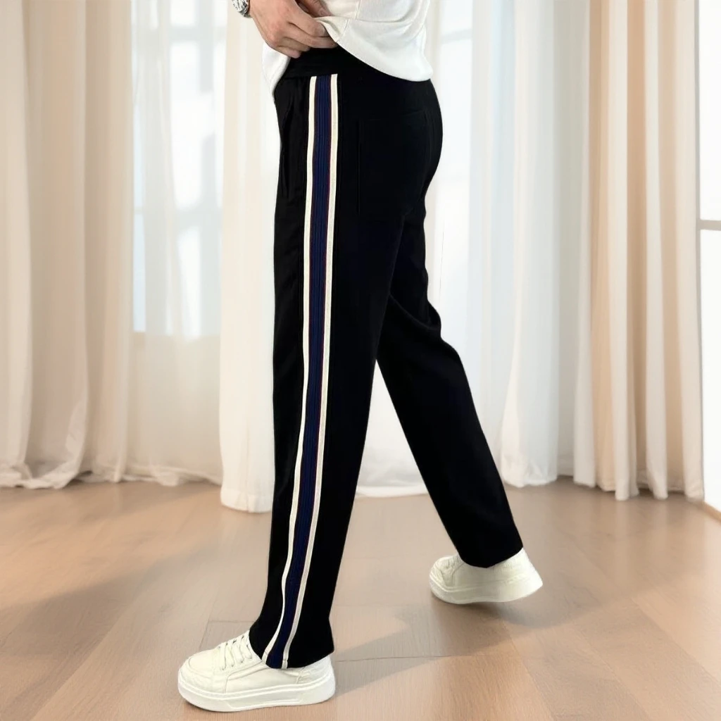 秋冬款男士阔腿休闲裤加绒厚款运动直筒松紧腰抽绳条纹织带卫裤男