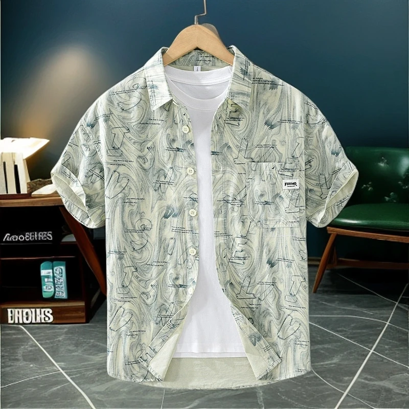 轻奢雅痞高档复古印花衬衫夏季新款个性痞帅时尚薄款透气短袖衬衣