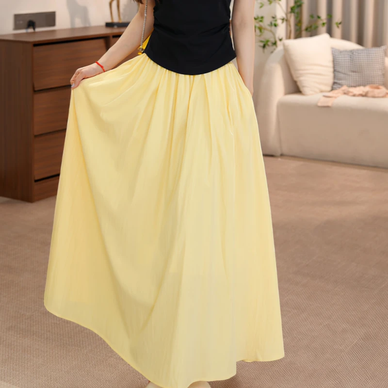 2025新款小个子黄色半身裙子女夏季高腰a字伞裙休闲半裙气质长裙