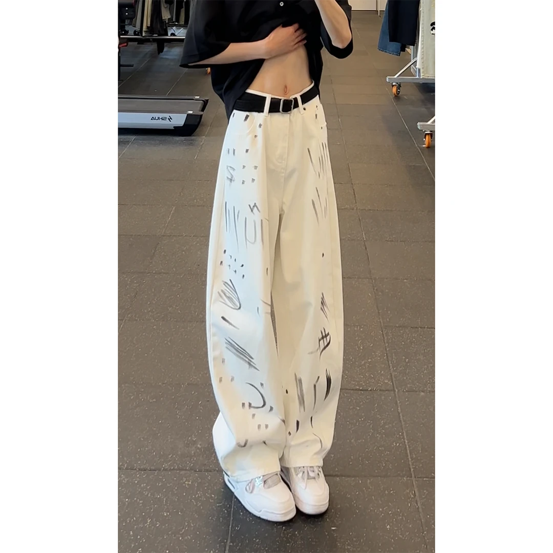 白色脏染涂鸦弯刀牛仔裤男女同款设计感小众高街cleanfit阔腿裤子