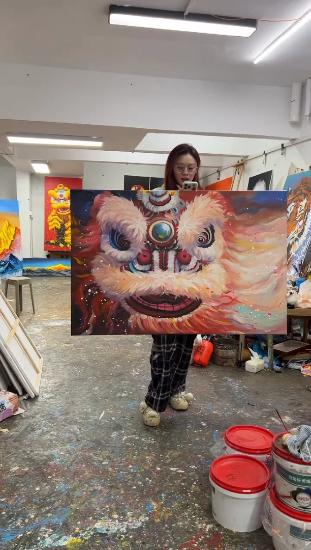 【闪购商品】丙烯画薇横板醒狮送框