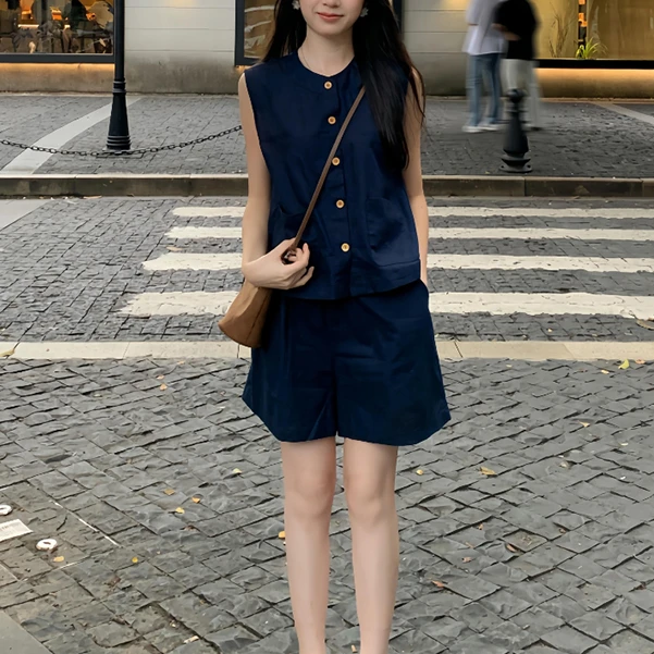 3128法式小香风马甲背心衬衫套装2025夏季新款宽松显瘦短裤两件套