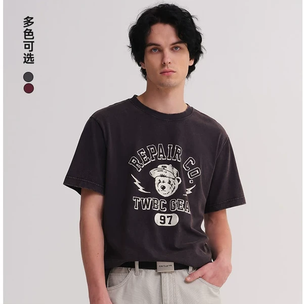 小熊男装T恤2025春季新款圆领做旧水洗欧若动感风上衣TNRW255203N