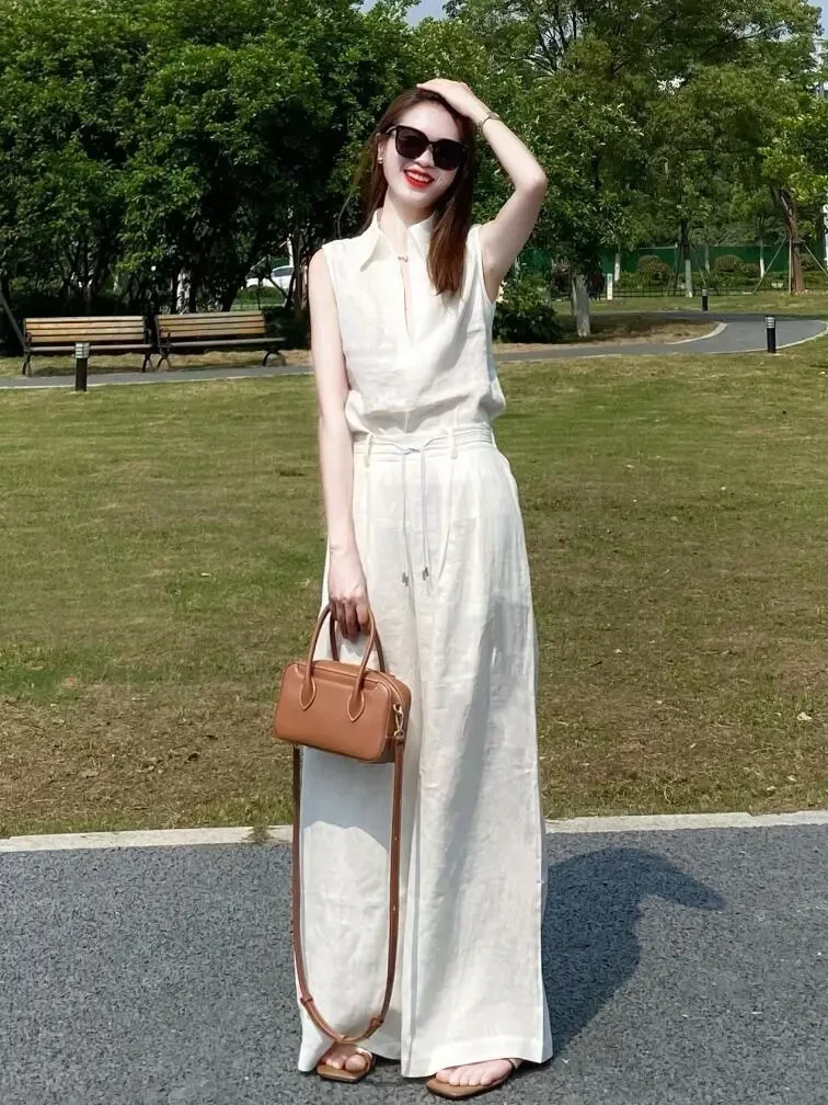 2025夏季新款辣妹性感穿搭法式无袖衬衫上衣高腰显瘦阔腿裤两件套