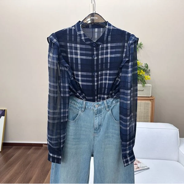（蓝调时尚）夏季韩范圆领格纹短袖女衬衫气质减龄显瘦百搭女衬衣