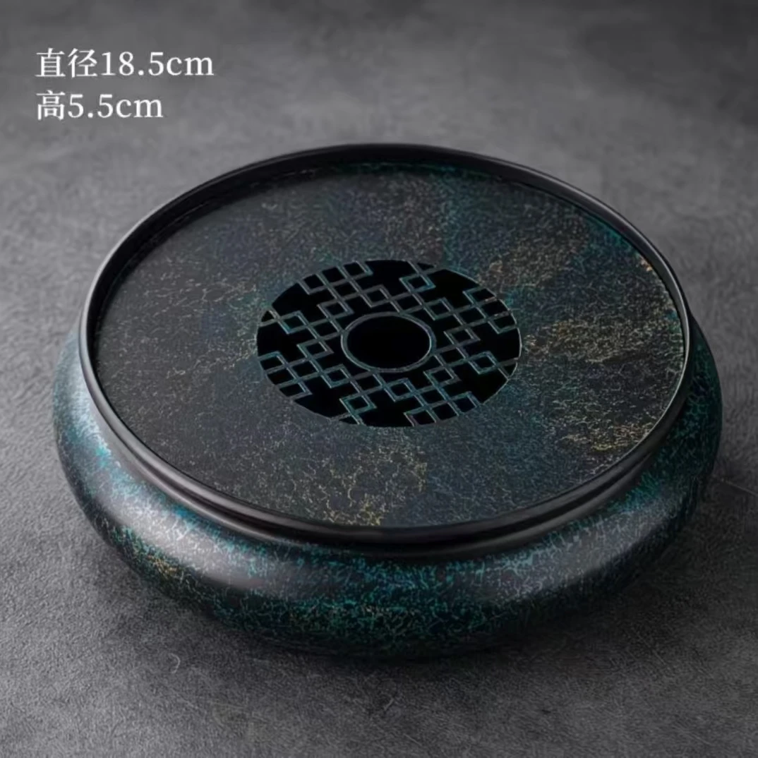 中式圆形茶盘壶承储水干泡台大漆老铁器复古茶托盘