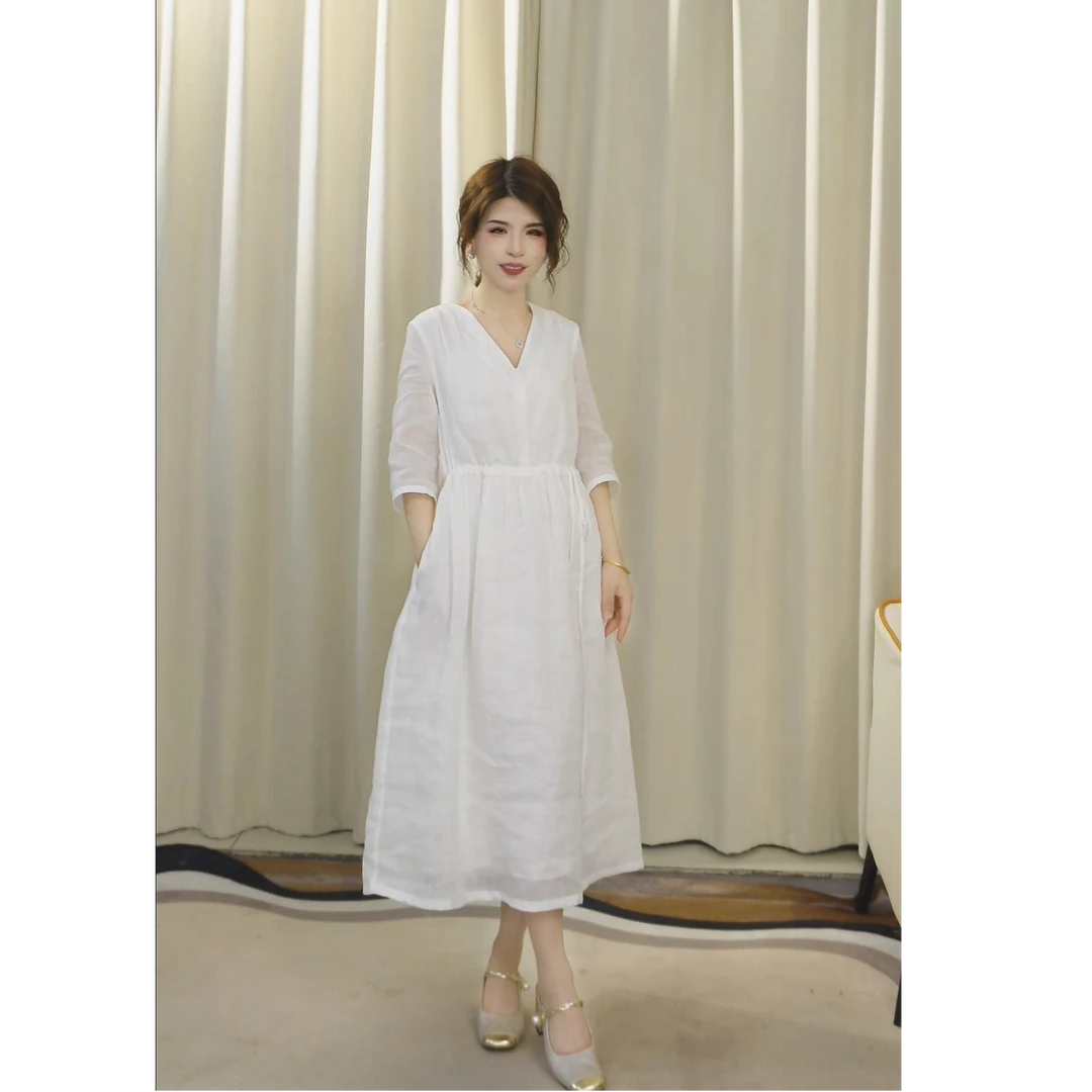 小个子（143--156）100%苎麻新中式纯色复古风V领改良夏季连衣裙