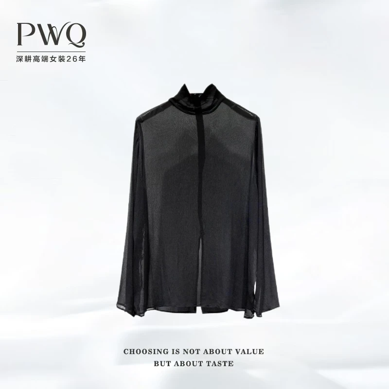 【朦胧】衬衫念念不忘乔其-纱长袖半高领打底黑色套头小衫7130