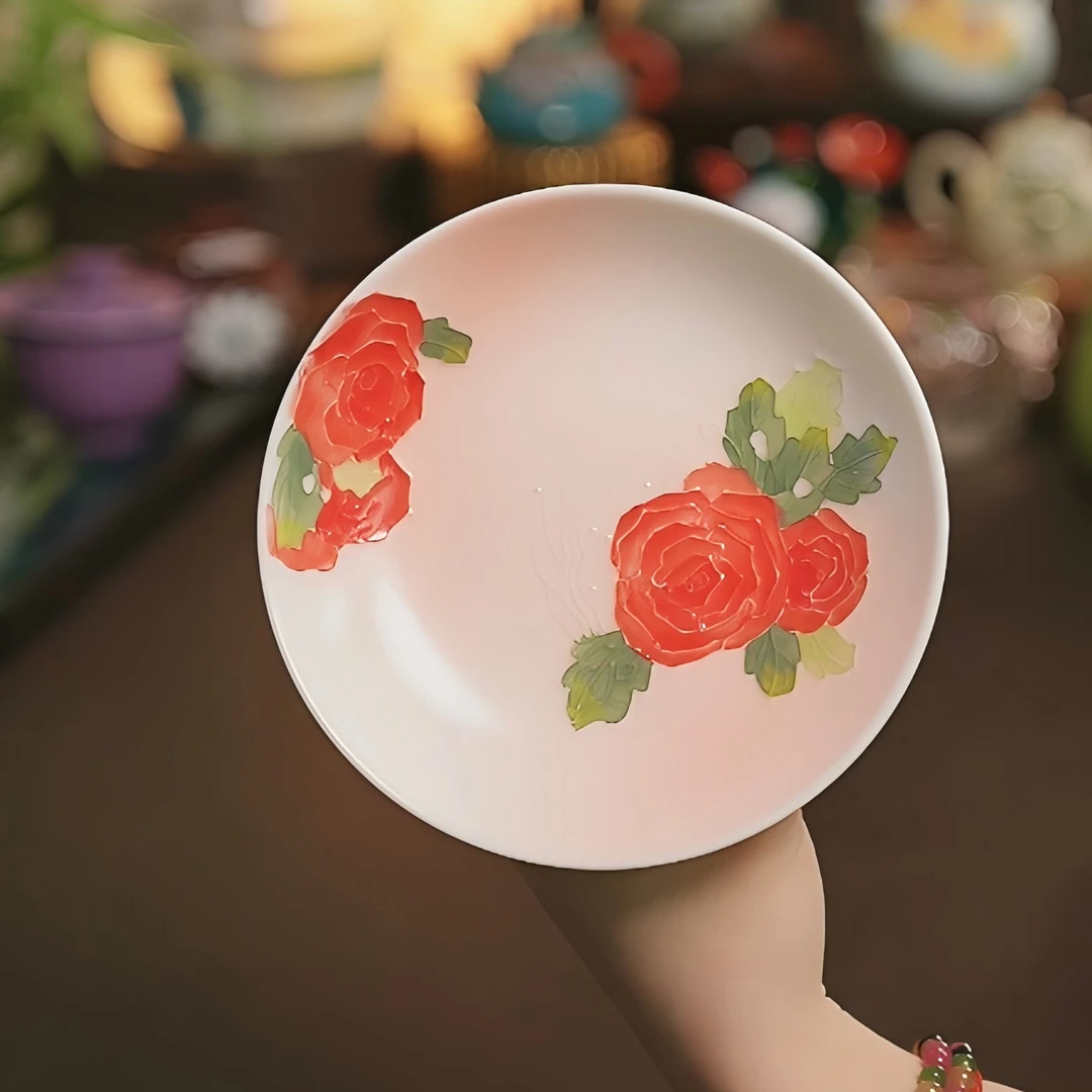 粉黛佳人纯手绘釉下堆绘玫瑰花油画风陶瓷茶具壶承（14CM）