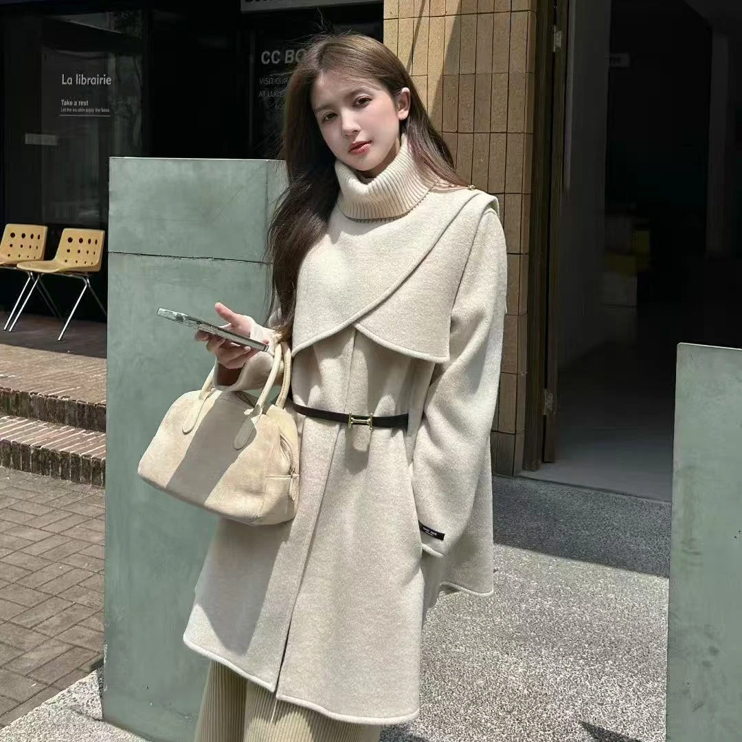女冬季中长款拼接直下摆毛呢外套韩版翻领毛呢