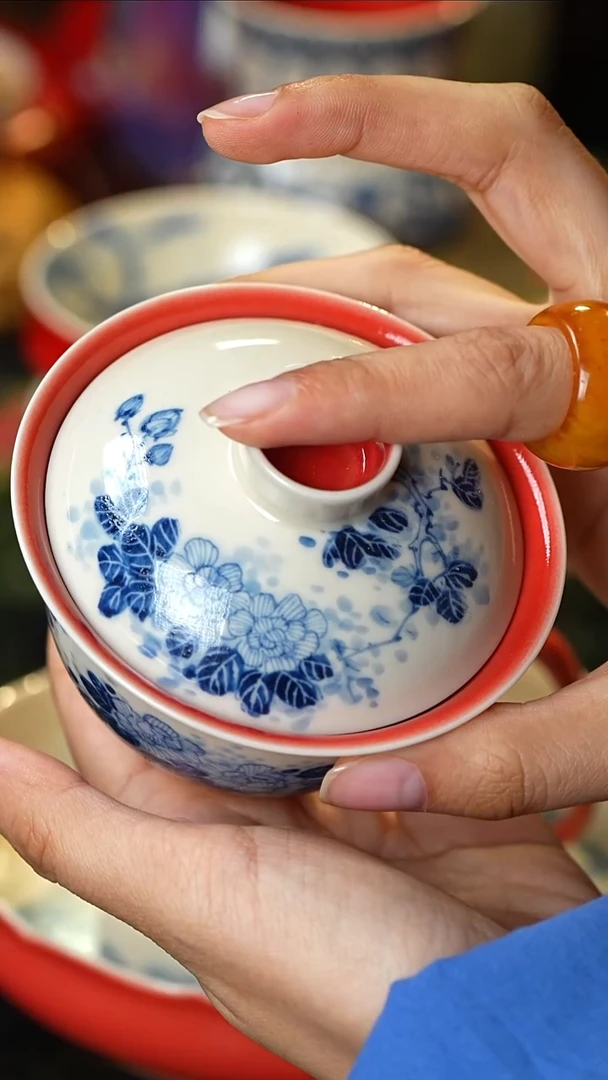 雨香斋柿子红花卉鸭子小盖碗