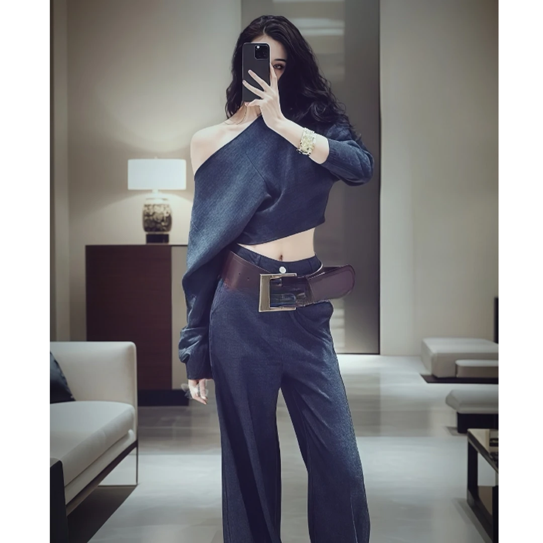 春季新款时尚简约显瘦宽松高级感斜肩上衣女装阔腿裤慵懒套装女