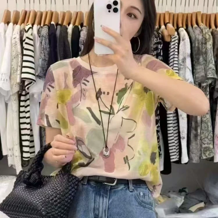 D21602薄款常规短袖复古港风印花t恤夏季百搭圆领上衣