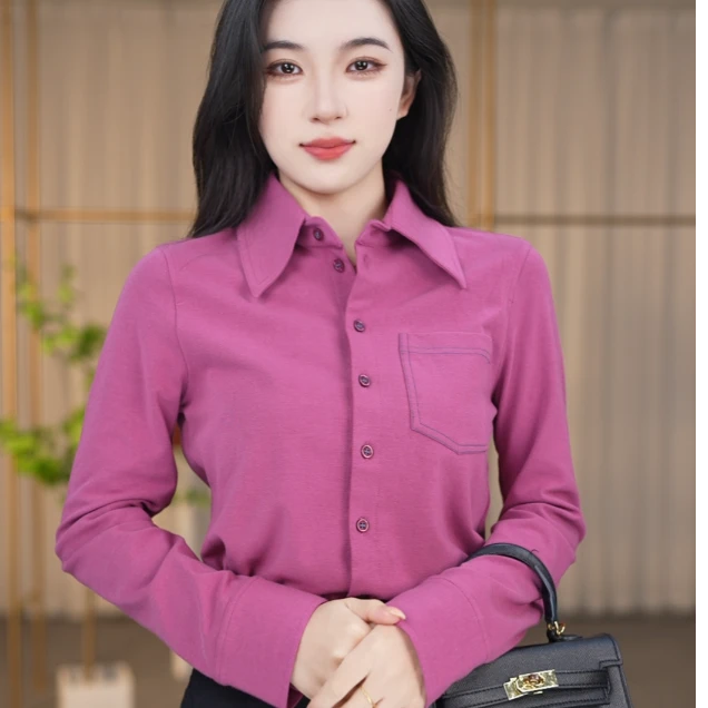 【商场同款】秋冬百搭修身通勤「十全十莓」羊毛长袖衬衫 1301044