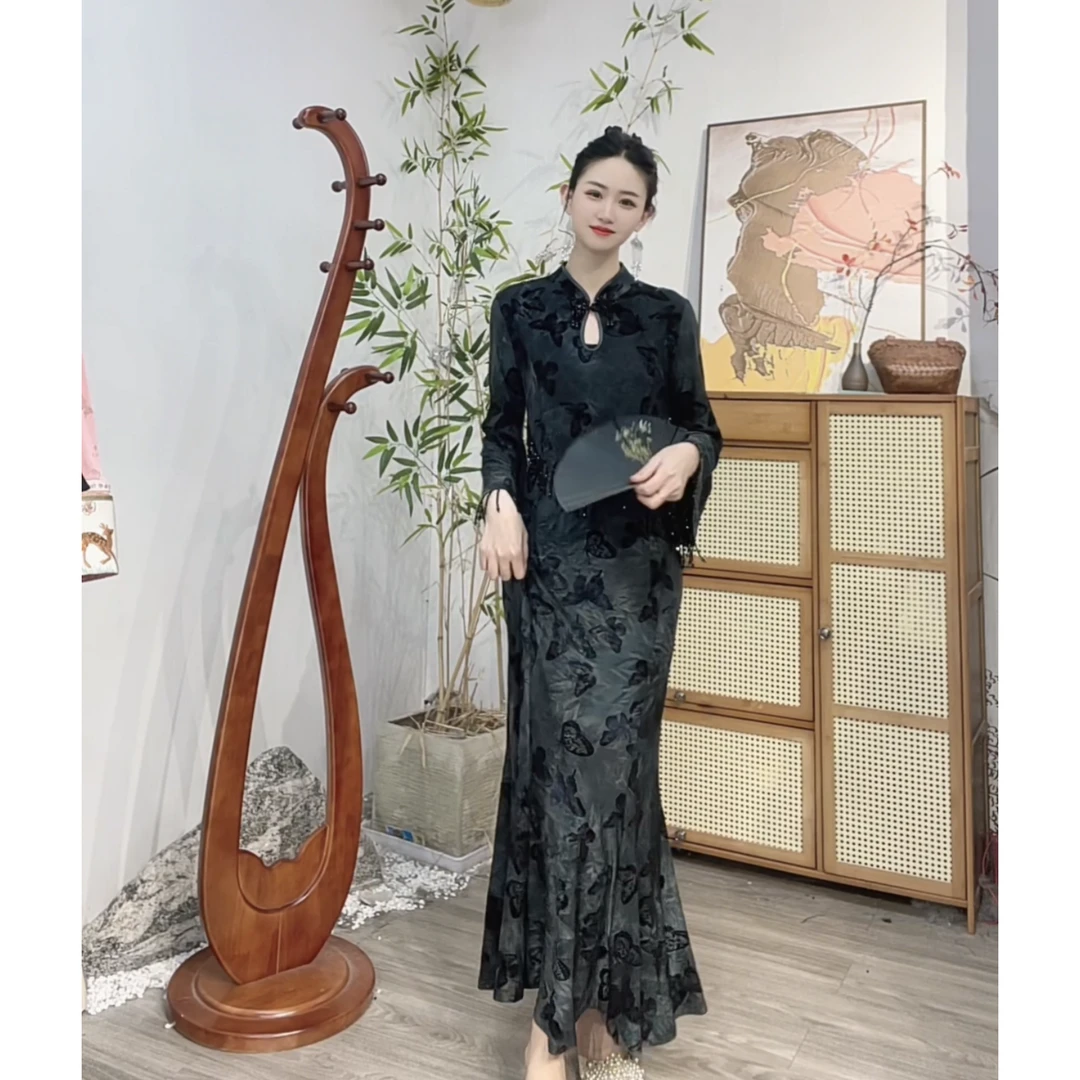 微岚熙2024秋季新款显瘦新中式复古中国风优雅连衣裙-M（2267）
