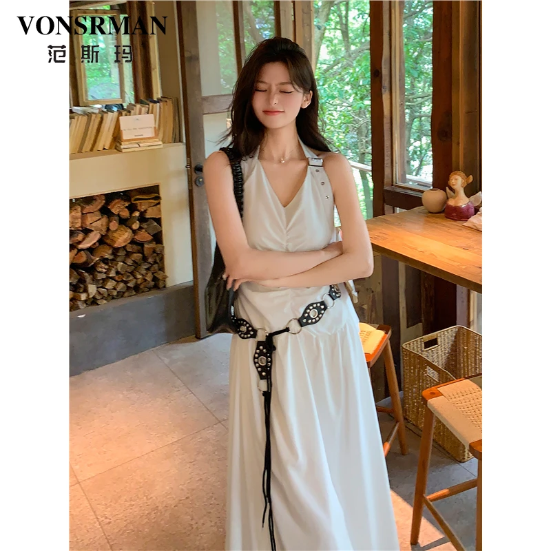 法式度假风白色挂脖连衣裙女2025夏季流行又a又飒御姐高级感长裙