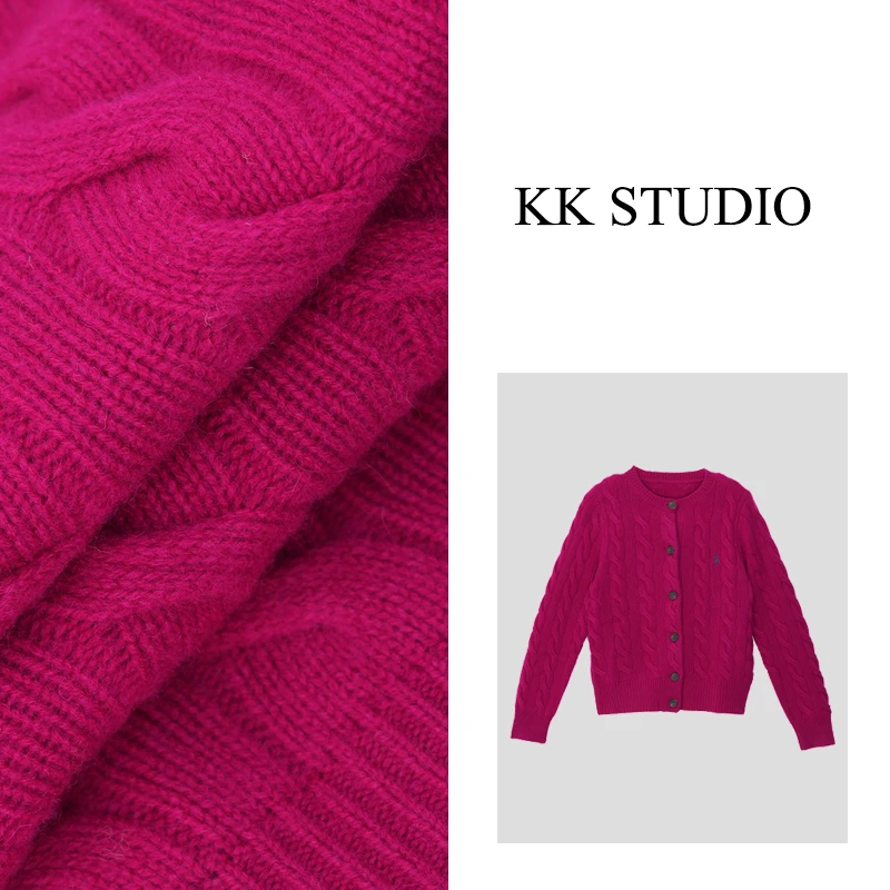 淇淇KK Studio秋季新款羊毛羊绒麻花刺绣针织开衫圆领百搭9594