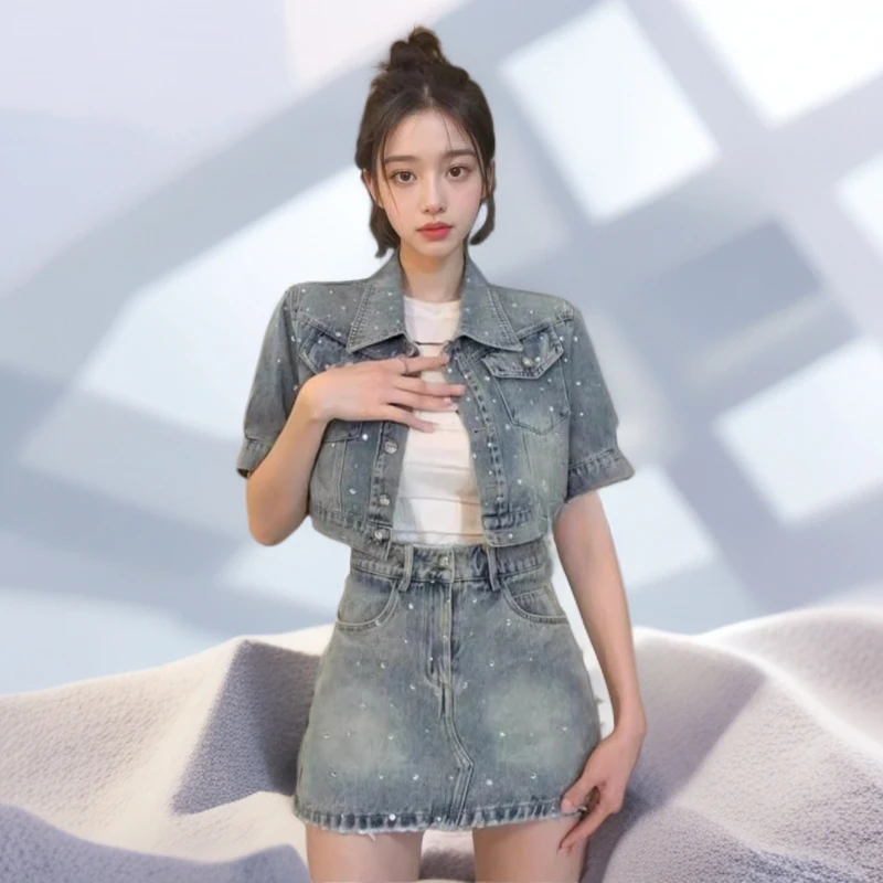 2025春夏新款洋气短袖牛仔外套高腰短裙子两件套chic甜辣裙套装女