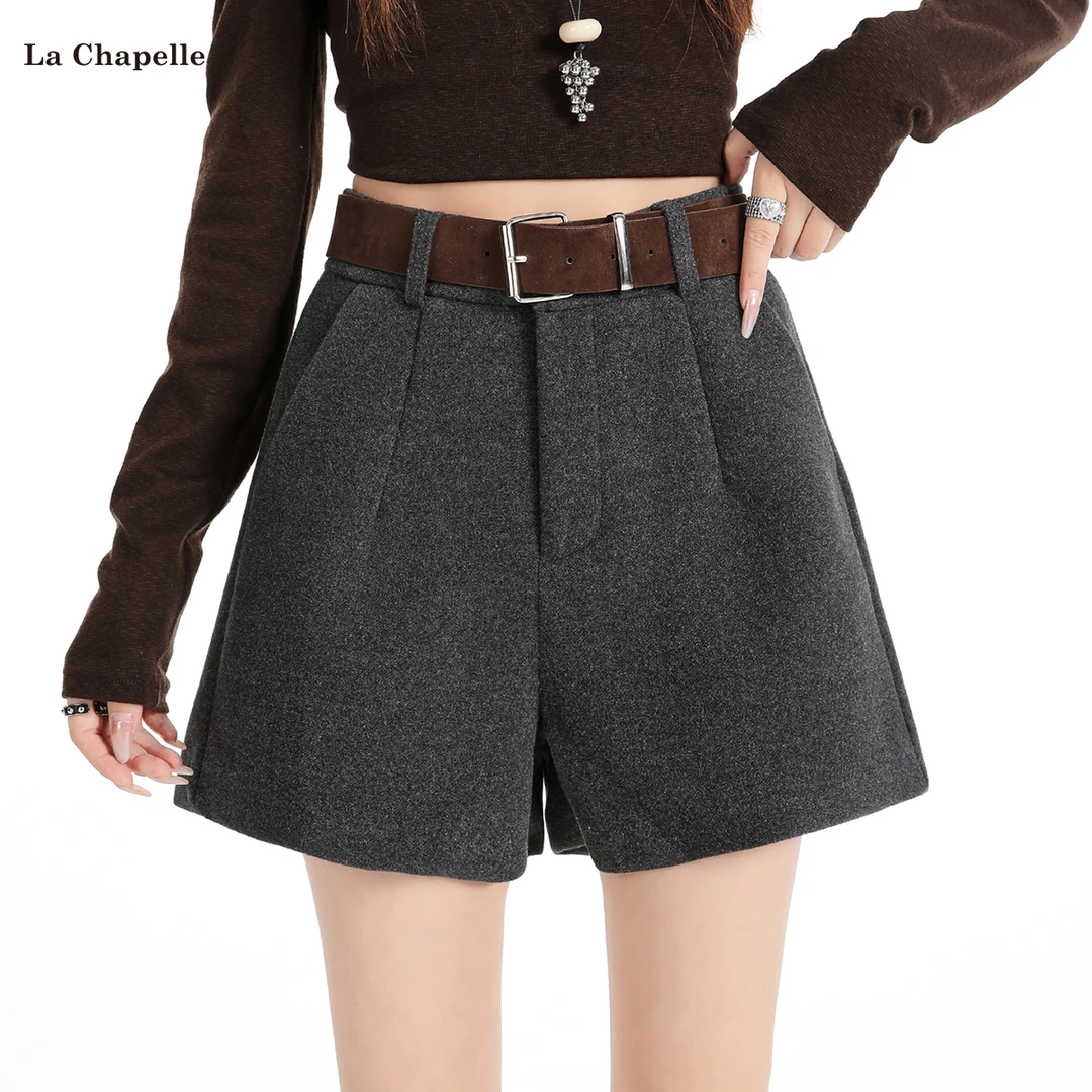 拉夏贝尔灰色毛呢短裤女秋冬外穿打底宽松高腰a字阔腿五分靴裤子