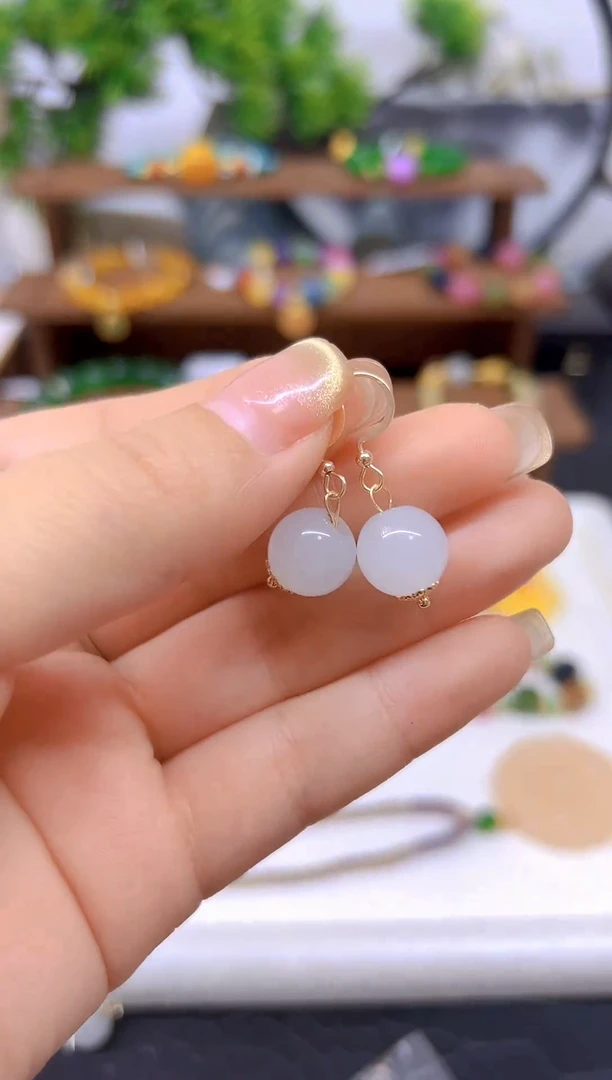 和田玉14K金镶嵌耳饰E04