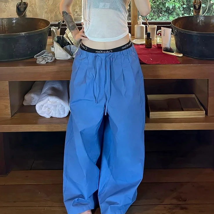 THEISSN宁司 松紧腰阔腿裤女夏季慵懒风宽松显瘦休闲裤 0916