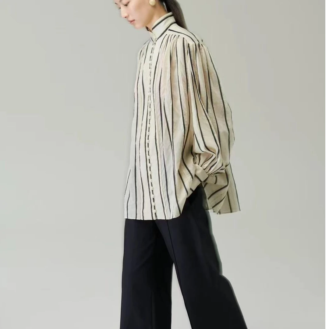 FAN立领丝麻棉缕空竖条纹廓形衬衫潮流春夏上衣复古时尚意大利