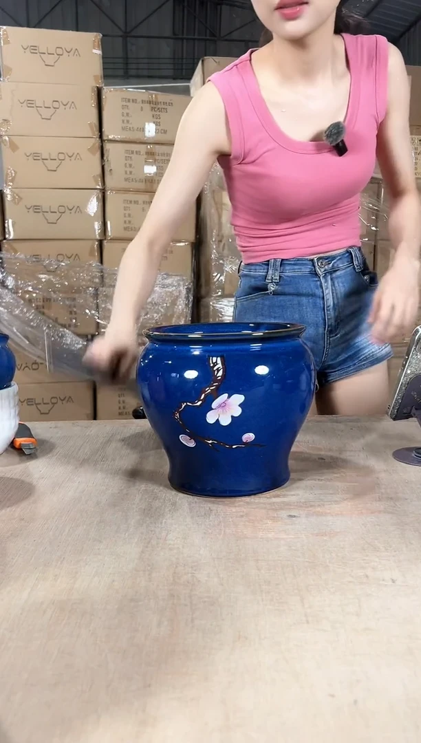 缸形深蓝花釉勾花大号19x19