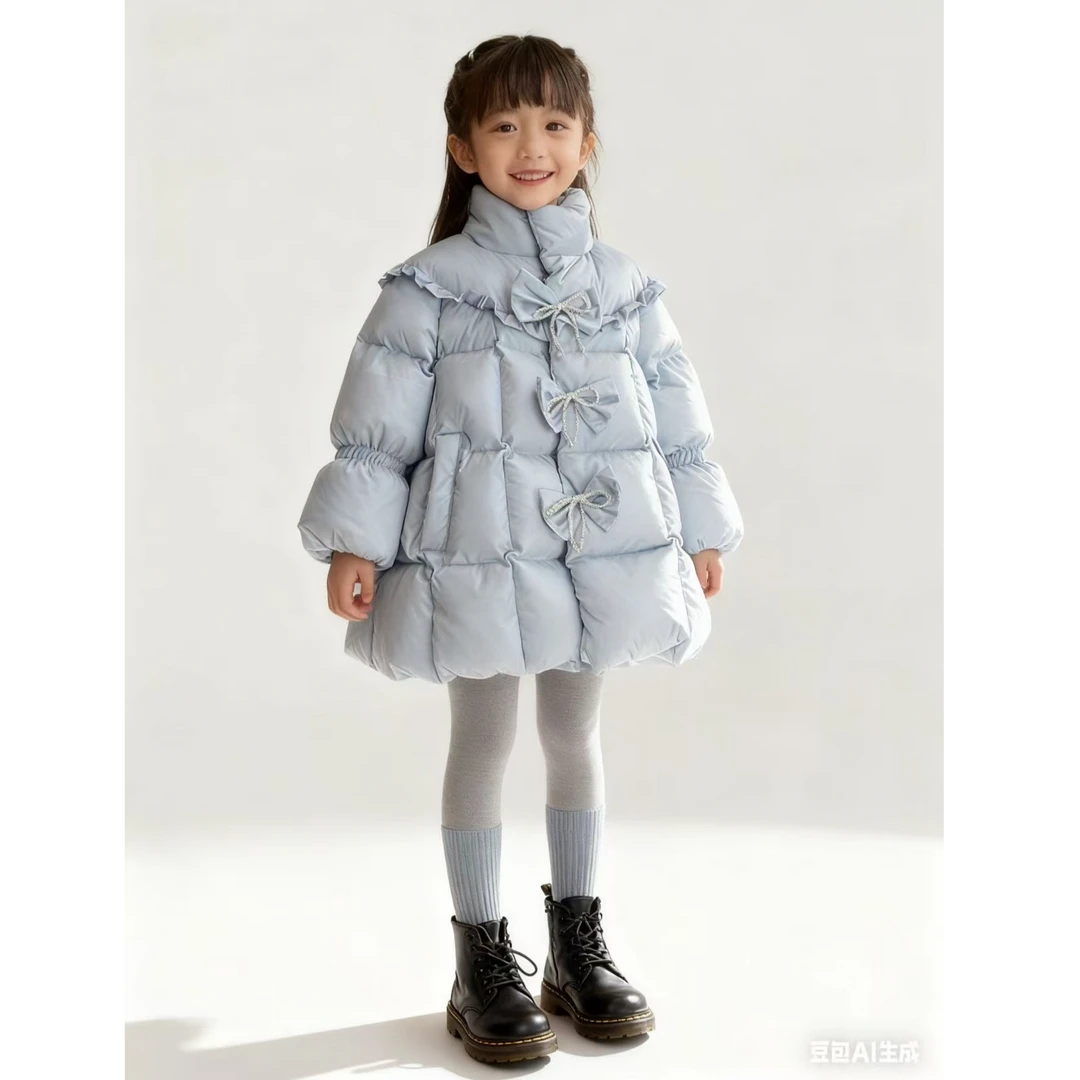女童鸭绒羽绒服冬季2025新款儿童白鸭绒外套蝴蝶结洋气时髦上衣