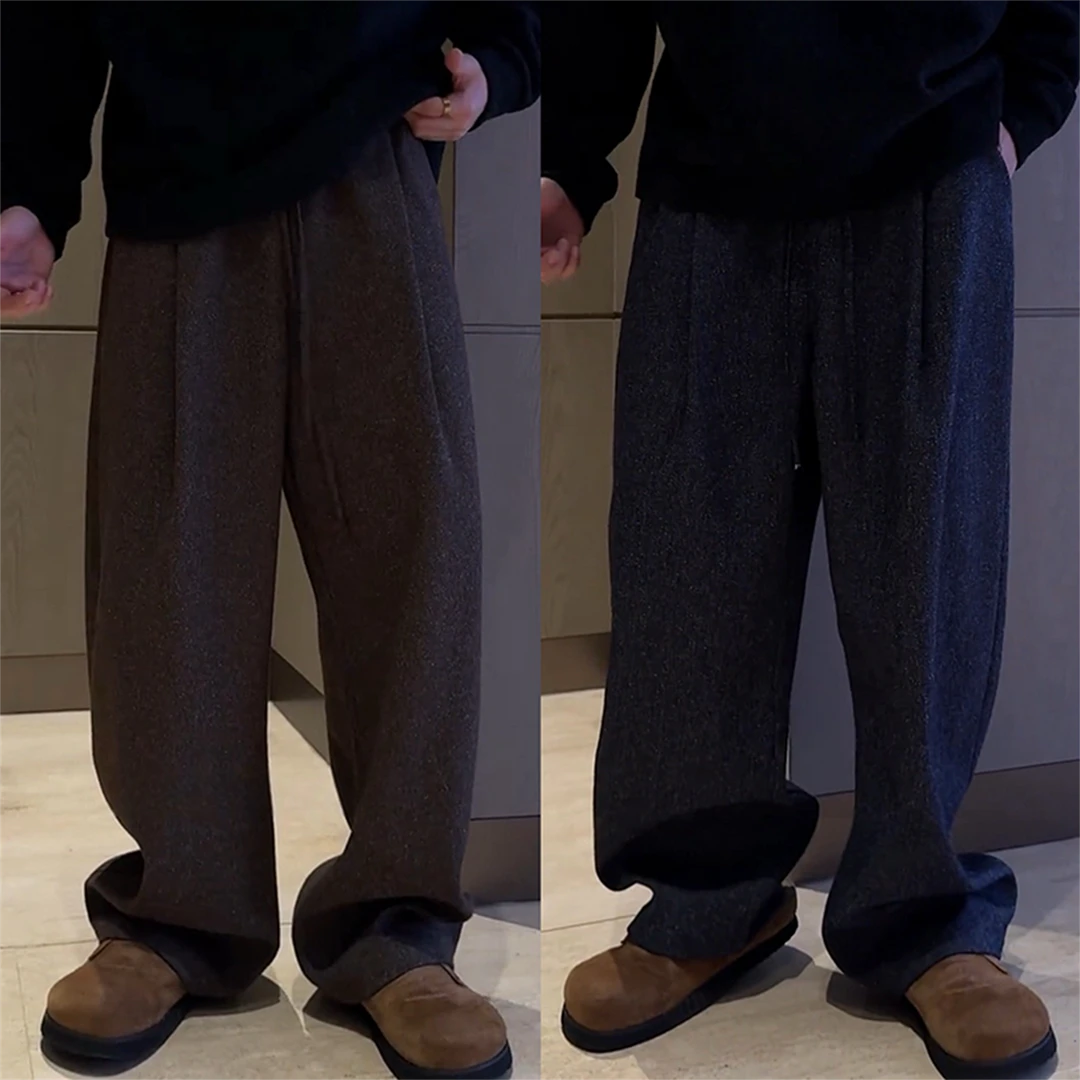 秋冬厚款褶皱宽松阔腿弯刀休闲裤男士高级感慵懒风时尚百搭直筒裤