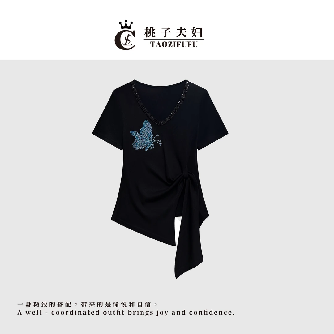 【TAOZIFUFU/潮品设计】新款烫钻时尚休闲百搭短袖黑色上衣#0088