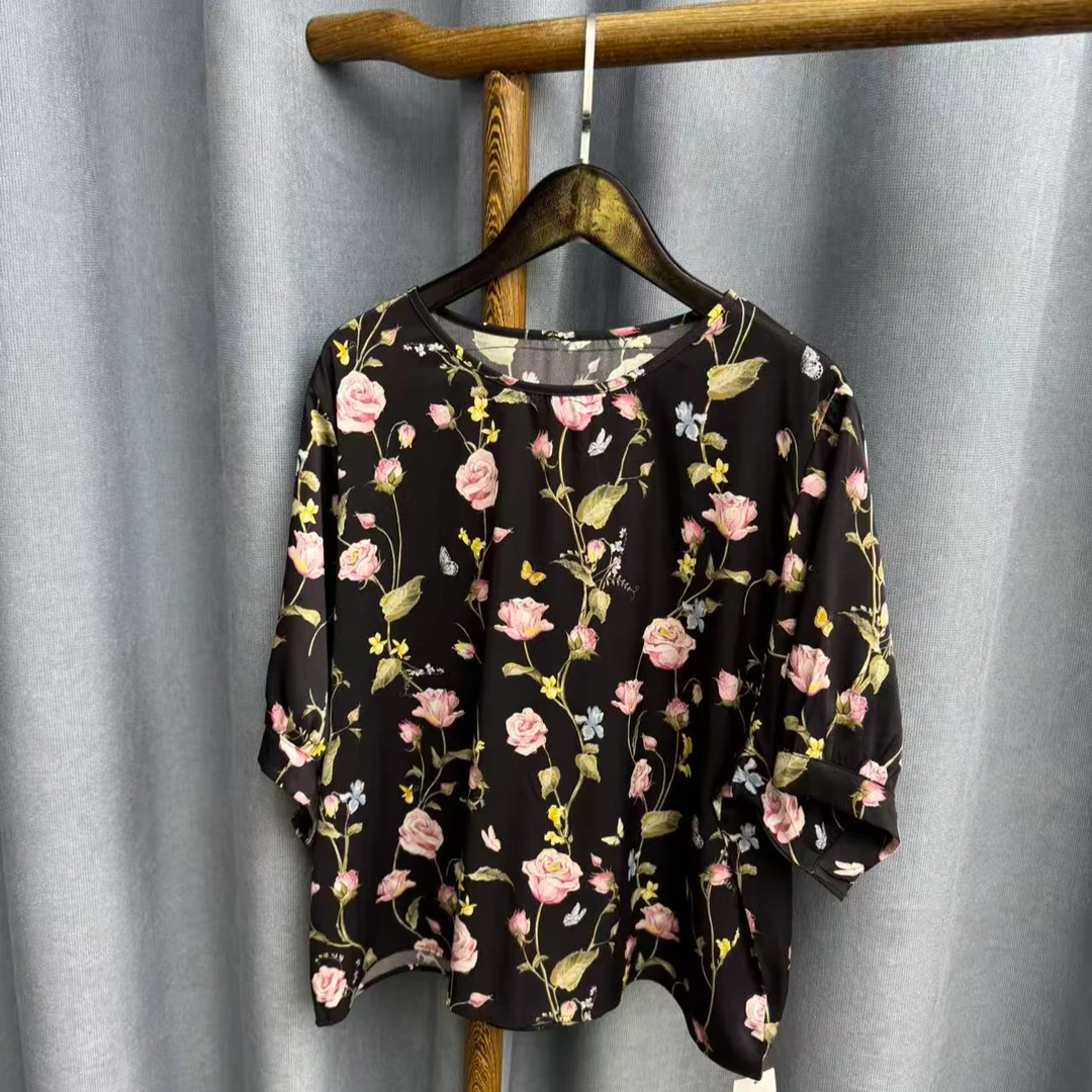 秋季新款休闲时尚圆领桑蚕丝短袖上衣女Z477